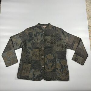 Tudor Court Jacket Womens Large Gray Floral Textured Long Sleeve Button Front